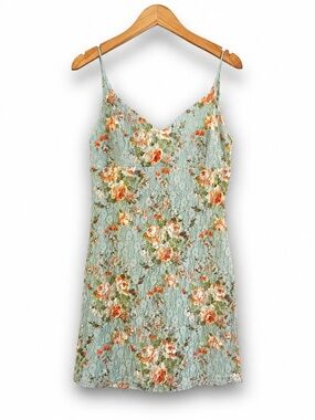 M&E Floral Lace Slip Dress Cowl Back Mini Romantic Cottagecore Size M